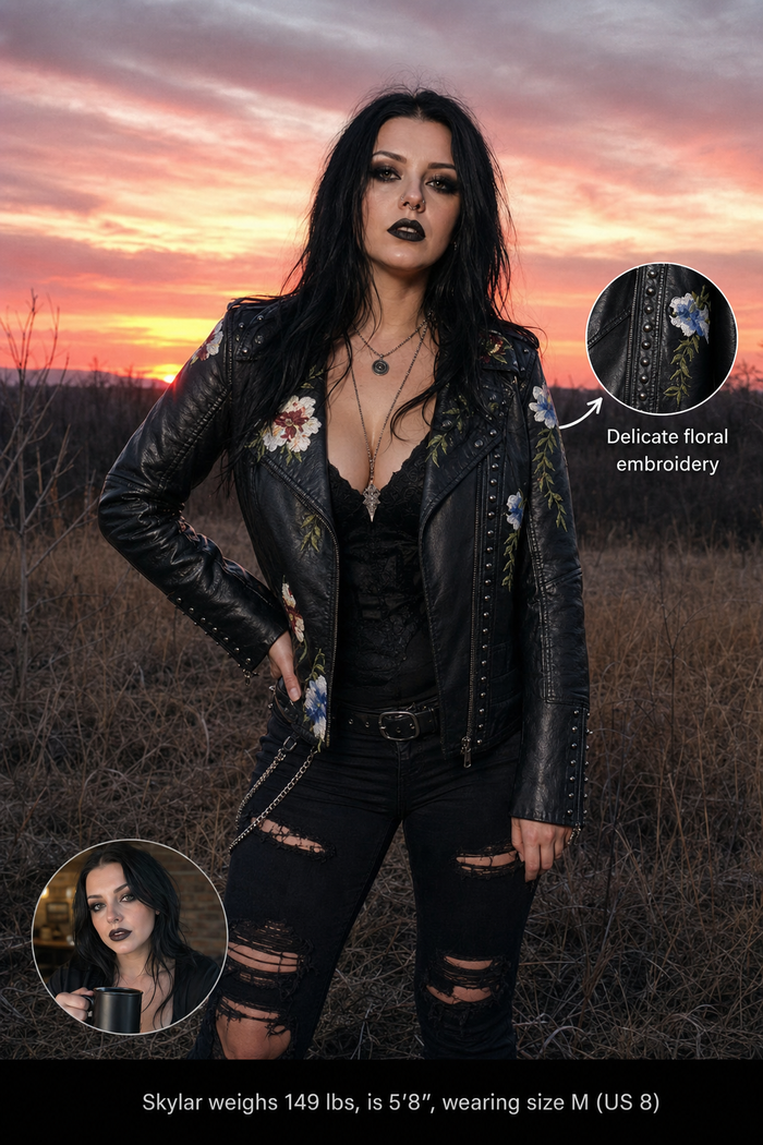 Embroidered Leather Biker Jacket