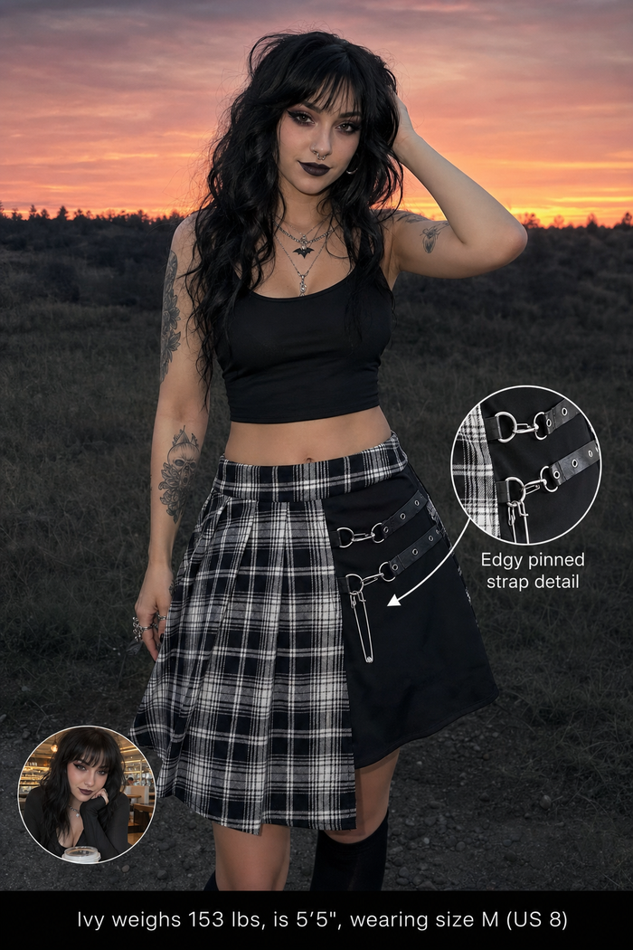 Dual-Fabric Plaid Skirt